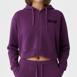 Wholesale Custom Printed 3D Embroidery Front Logo Winter Streetwear Women's Crop Pullover Hoodie Comfortable Hip Hop 100% Cotton - Product Image 1