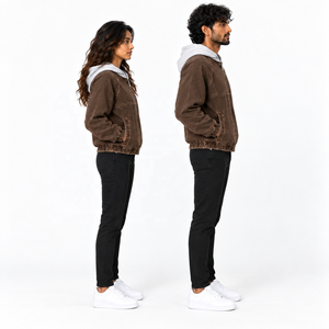 Blouson bomber unisexe en velours côtelé à capuche avec fermeture éclair, couleur unie, style décontracté, saison automne, coupe classique, doublure en coton - Product Image 5