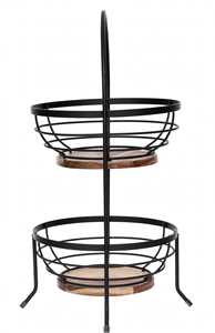 Panier à fruits ovale à 2 niveaux en fil métallique avec poignée arquée et base en bois, finition noire thermolaquée, organisateur de rangement de cuisine - Product Image 4