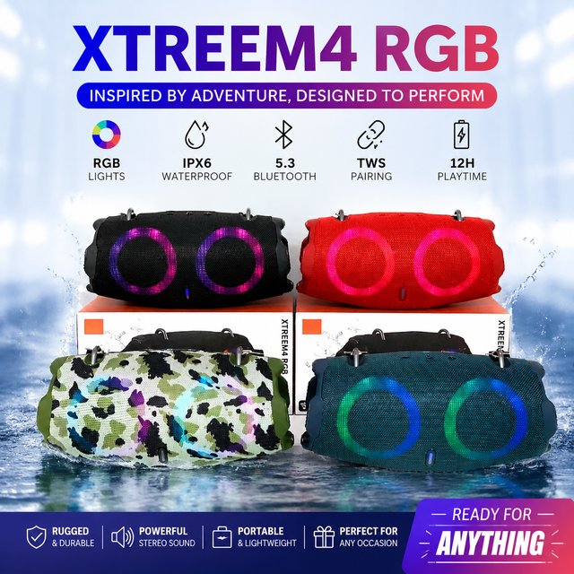 XTREEM4 RGB Portable Boombox Speaker Heavy Bass Dynamic LED Light Outdoor Party Speaker Powerful Stereo Sound for Camping Travel