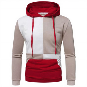 เสื้อฮู้ดผู้ชายแบบสลิมฟิต ดีไซน์สีตัดต่อ แขนยาว ผ้าถัก สีแดง ขาว เบจ มีกระเป๋า สไตล์ฤดูใบไม้ร่วง - Product Image 1
