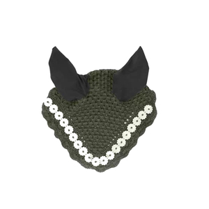 Premium Quality Knitted Horse <b>Ear</b> <b>Protector</b> Net Hat with Black <b>Ears</b> and White Flower Spandex Mesh Veil Fly Hood 60x80x90cm - Product Image 1
