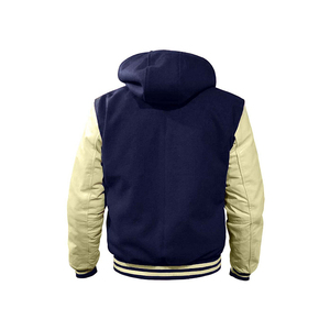 Chaqueta Varsity al por mayor para hombre, en lana roja con mangas de cuero crema, con botones a presión y capucha. - Product Image 5