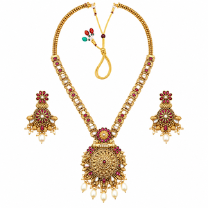 Conjunto de Collar y Pendientes de Aleación Chapada en Oro con Diseño de Flor, Circonita y Perla, Joyería Étnica Vintage Polki para Bodas, para Mujer - Product Image 1