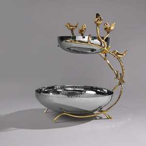 Ensemble de bols décoratifs de luxe en acier inoxydable poli, faits à la main, à deux niveaux, avec motif d'oiseaux dorés sur branche - Product Image 1