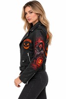 Blouson Moto Femme en Cuir Véritable Double Face Imprimé Halloween Automne Hiver, Motif Citrouille et Diable, Manches Longues, Fermeture Éclair