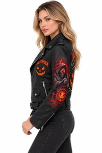 Chaqueta de moto de cuero genuino de doble cara para mujer, diseño de Calabaza y Ceñador de Almas, manga larga, negra, para otoño y Halloween - Product Image 3