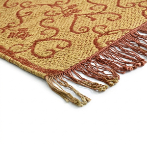 Tapis décoratif plat tissé à la main en laine dorée moutarde, écologique et antidérapant, avec motif géométrique vieilli et franges - Product Image 2