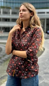 Women Ethnic <b>Boho</b> Style Brown Floral Printed Cotton <b>Shirt</b> 3/4 Sleeve Button Down Soft Fabric Casual Stylish Summer Top - Product Image 2