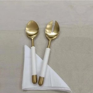 Standard Look Metal <b>Gold</b> Salad Server Spoon & Fork Set With <b>White</b> Resin Handle for Wedding Tabletop Salad Server Sets - Product Image 1