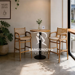 Rattan Bar <b>Stools</b> Set With Round Wood <b>Table</b> Minimalist Modern Design For Home Bar Commercial Use - Product Image 1