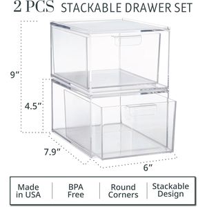 Set di 2 Cassetti Impilabili in Plastica Trasparente Audrey, Organizzatore per Cosmetici e Prodotti di Bellezza, Prodotto negli USA - Product Image 3