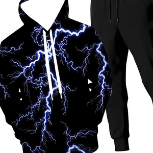 Conjunto Deportivo Sublimado con Estampado Eléctrico para Hombre, Sudadera con Capucha Negra y Pantalones, Ropa Deportiva Completa, Cómoda para Correr - Product Image 4