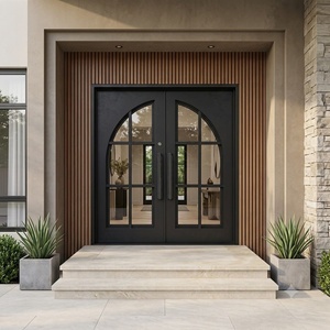 Puerta de entrada de hierro forjado de estilo moderno, diseño resistente al óxido con paneles de vidrio arqueados y acabado con recubrimiento de polvo negro. - Product Image 2