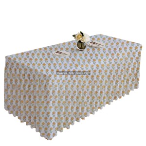 Beautiful <b>Rectangle</b> Cotton Hand Block Printed Pleated Table Cloth Floral Design Kitchen Dining Cover For Weddings And Restaurant - Product Image 4
