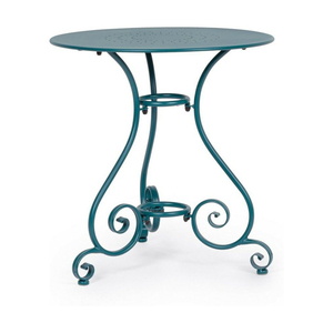 Round Metal <b>Folding</b> Outdoor <b>Table</b> with Ornate Scroll Legs in Teal Finish Traditional Design Durable Frame and Waterproof Cushion - Product Image 1