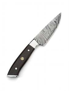 Couteau utilitaire de cuisine artisanal en acier Damas, manche en bois foncé, outil culinaire professionnel - Product Image 1
