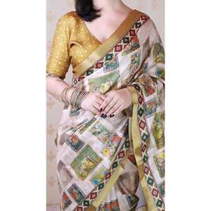 ผ้าไหมทัสซาร์สีทองลายพิมพ์คาลัมคารีแบบหนา สำหรับผู้หญิง พร้อมขอบทอผ้าด้วยไหมซารี - Product Image 2