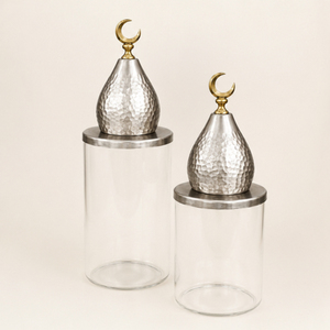 Tarros de Vidrio Hechos a Mano, Ecológicos y Personalizables para el Ramadán Eid Mubarak, con Tapa de Cúpula de Mezquita Plateada Martillada y Perilla de Luna Creciente Dorada - Product Image 3