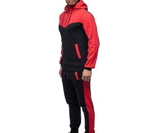 Men's <b>Red</b> Black Color Block Hooded Tracksuit Full Sleeve Drawstring Jogger Set Casual Athletic Wear Autumn Sportswear - Product Image 1
