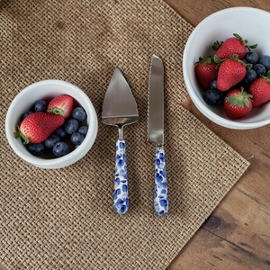 Floral Handle Cake Server <b>Set</b> Metal Blade Dishwasher Safe Wedding Utensils <b>Blue</b> Patterned Design - Product Image 4