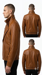 Chaqueta de hombre estilo baggy de cuero de cordero color coñac claro con cierre de cremallera, estilo oversize, para uso urbano. - Product Image 3