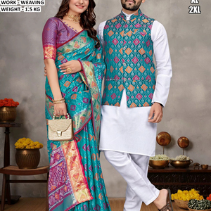 Utsav Elegance Traditional Floor-Length Cotton and <b>Silk</b> Couple Wear for Wedding - Product Image 1
