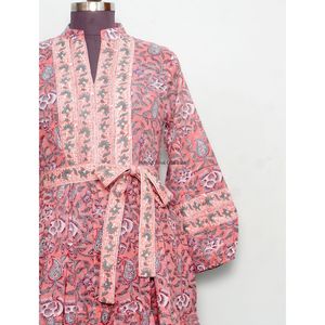 เดรสลำลองทรงเอไลน์ คอวี แขนพอง ลายพิมพ์บล็อกด้วยมือสำหรับผู้หญิง ไซส์พลัส กระดุมผ่าหน้า ความยาวระดับข้อเท้า เอวธรรมชาติ - Product Image 4