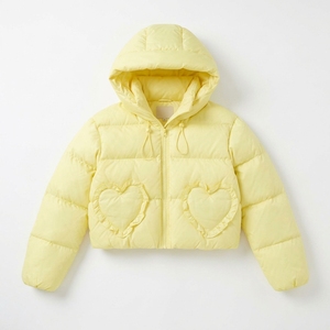 Chaqueta Acolchada Amarilla con Capucha y Volantes, Chaqueta Corta de Invierno para Mujer, Color Sólido, Relleno de Poliéster, Manga Larga con Cierre - Product Image 1