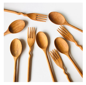 Juego de tenedor y cuchara de madera maciza altamente pulida, ecológico, apto para lavavajillas, para pasta, fideos y postres, al por mayor - Product Image 5