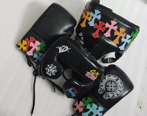 New Custom Made Professional <b>Boxing</b> Chrome Heart Lace-Up Leather Training <b>Sparring</b> <b>Set</b> Gloves Headgear Groin Guard - Product Image 3