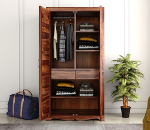 Armario Independiente de Madera Maciza con Diseño de Elefante, Armario de Madera Marrón de 2 Puertas con 6 Estantes de Almacenamiento, Mueble Almirah - Product Image 4