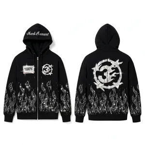 Custom Y2K Rhinestone Flame Print Zip-Up <b>Hoodie</b> Unisex Oversized <b>Gothic</b> Streetwear Embroidered Front Logo 100% Cotton Fleece - Product Image 1