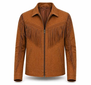 <b>Mens</b> Tan <b>Brown</b> Suede <b>Leather</b> Beaded <b>Jacket</b> Handmade Western Cowboy Style Coat - Product Image 1