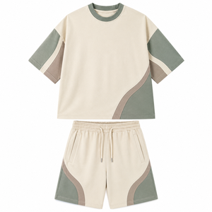 Ensemble 2 pièces décontracté homme été Premium Oversized Color Block : T-shirt col rond et short assorti – Tenue personnalisable OEM ODM - Product Image 1