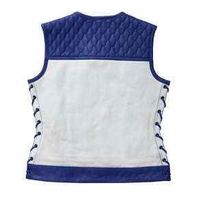<b>Men's</b> Blue And <b>White</b> Leather Moto Biker <b>Vest</b> With Side Lacing And Pockets O-Neck Regular Length Outer Wear - Product Image 2