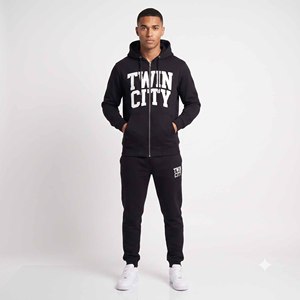 Ensemble de survêtement léger à capuche noir pour homme Twin City, sweat-shirt à fermeture éclair intégrale, style décontracté, style automne, 100% coton - Product Image 1