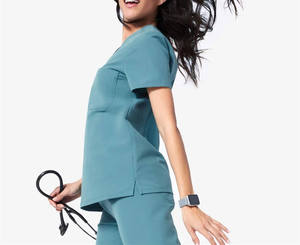Blouse d'uniforme médical pour femme, vert sarcelle, col en V, manches courtes, en coton et polyester tissé - Product Image 5