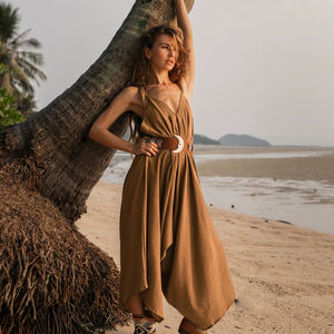 Combinaison bohème en coton pour femme, marron, à jambes larges, idéale pour la plage, confortable pour le yoga et les voyages, au prix d'usine - Product Image 1