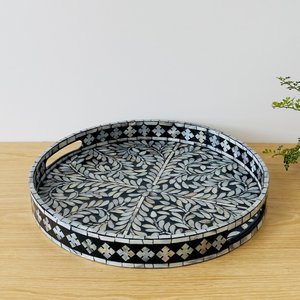 Premium Quality Round Mother Of Pearl Inlay <b>Serving</b> <b>Tray</b> Handmade Oriental Decorative Plate <b>Black</b> White Pattern Design - Product Image 5