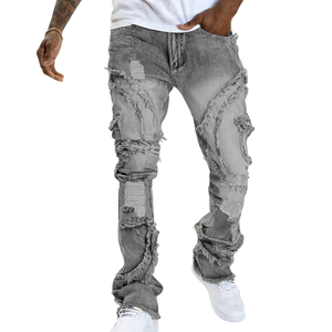 Vaqueros de mezclilla para hombre, gris, con lavado efecto nieve, desgastados, de pierna recta, apilados, rasgados y deshilachados, estilo casual urbano, corte relajado - Product Image 5