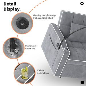 Poltrona letto estraibile in velluto a coste con cuscino, portabicchieri in acciaio inossidabile spazzolato, supporto per telefono e porta di ricarica USB per soggiorno - Product Image 6