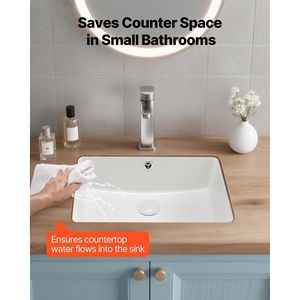 Lavabo Rettangolare da Incasso in Ceramica Bianca 18,5 x 13,19 Pollici con Foro per Troppopieno, Design Moderno da Appoggio - Product Image 2