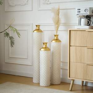 Modern Style <b>3</b>-Piece Home Decoration <b>Set</b> Glazed White Metal <b>Vase</b> with Droplet Design Large and Gorgeous Floor <b>Vase</b> - Product Image 2
