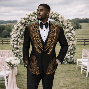 Costume de mariage noir brodé de strass pour homme – Blazer slim fit de créateur avec détails en cristal pour le marié et les tenues de soirée - Product Image 1