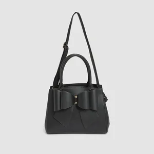 Royaa Black Bow Top Handle Satchel <b>Handbag</b> Genuine Leather Adjustable Strap <b>Small</b> Zipper Closure Letter Decoration Portable - Product Image 4