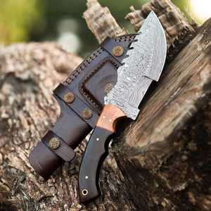 Couteau utilitaire en acier Damas, lame à pointe traînante, manche en bois, étui en cuir de vachette, longueur totale 6,7 pouces, qualité DIY, pointe tranchante, garantie 3 ans - Product Image 3