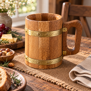 Chope en bois artisanale avec poignée latérale et lanière, finition polie, style rustique vintage, pour café, bière, cadeaux de fête - Product Image 5