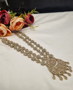 Traditional Flower Motif Dual Layer Long Necklace Earrings And Mangtika <b>Set</b> For Women Designer Fashion <b>Jewellery</b> <b>Set</b> Collections - Product Image 2