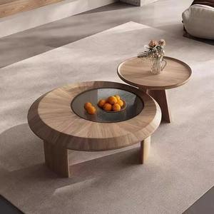 Modern Minimalist <b>Nesting</b> Coffee <b>Table</b> Set Two Sunburst Wood Pattern Black Glass Insert Durable Eco-Friendly for Living Room - Product Image 2